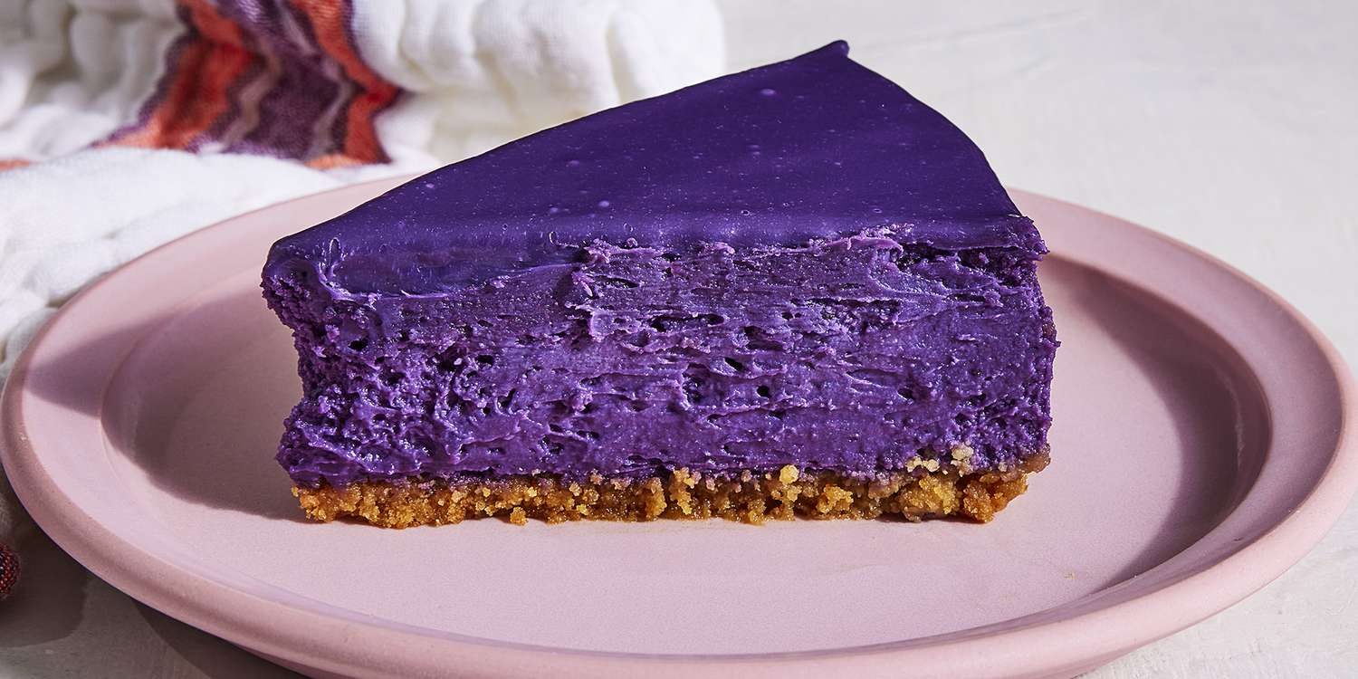 Slice of ube cheesecake
